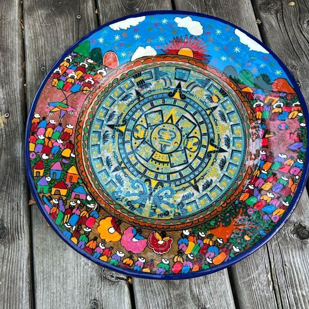 Mexican Folk Art Plate Terracotta Pottery Wall Hanging Hand Painted 16” - Picture 8 of 16